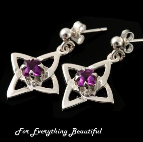 Image 0 of Celtic Star Motif Purple Amethyst Small Drop Sterling Silver Earrings