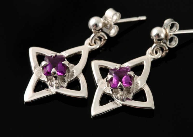 Image 2 of Celtic Star Motif Purple Amethyst Small Drop Sterling Silver Earrings