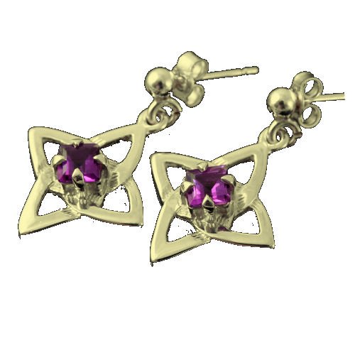 Image 1 of Celtic Star Motif Purple Amethyst Small Drop 9K Yellow Gold Earrings