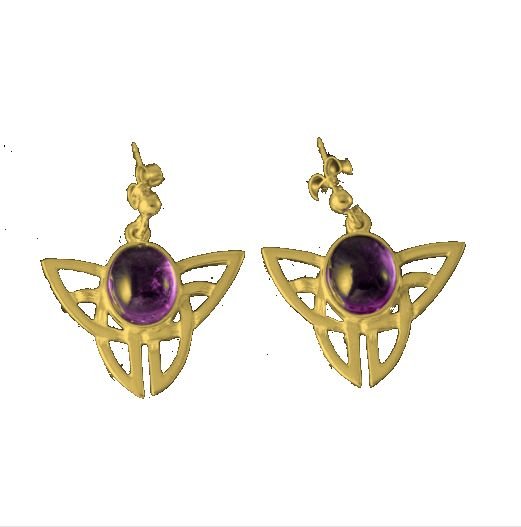 Image 1 of Celtic Knot Oval Purple Amethyst Drop 9K Yellow Gold Earrings