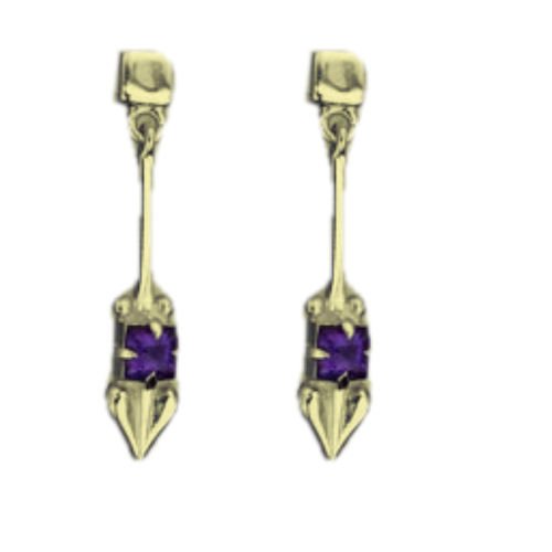 Image 1 of Art Nouveau Glasgow Girls Purple Amethyst Long Drop 9K Yellow Gold Earrings