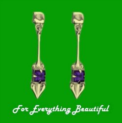 Art Nouveau Glasgow Girls Purple Amethyst Long Drop 9K Yellow Gold Earrings