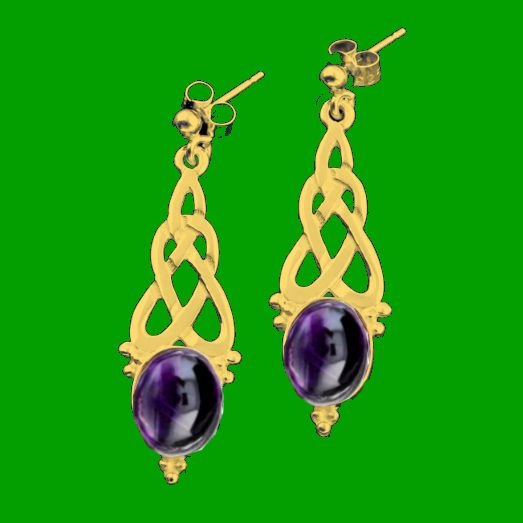 Image 0 of Celtic Knot Oval Purple Amethyst Long 9K Yellow Gold Drop Earrings