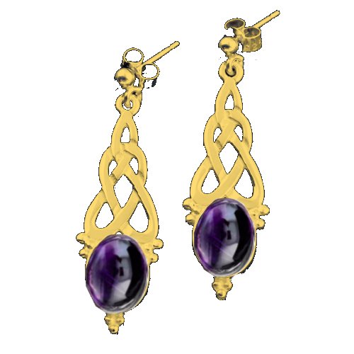 Image 1 of Celtic Knot Oval Purple Amethyst Long 9K Yellow Gold Drop Earrings