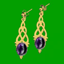 Celtic Knot Oval Purple Amethyst Long 9K Yellow Gold Drop Earrings