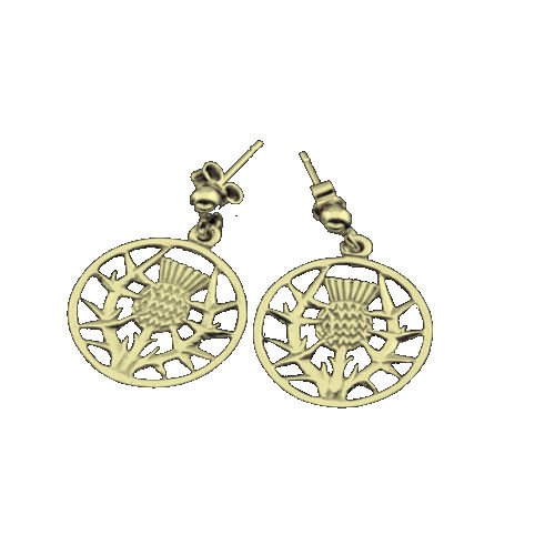 Image 1 of Thistle Wire Design Floral Emblem Circular Small 9K Yellow Gold Earrings 