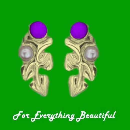 Image 0 of Art Nouveau Leaf Motif Pearl Amethyst Stud 9K Yellow Gold Earrings