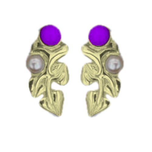 Image 1 of Art Nouveau Leaf Motif Pearl Amethyst Stud 9K Yellow Gold Earrings