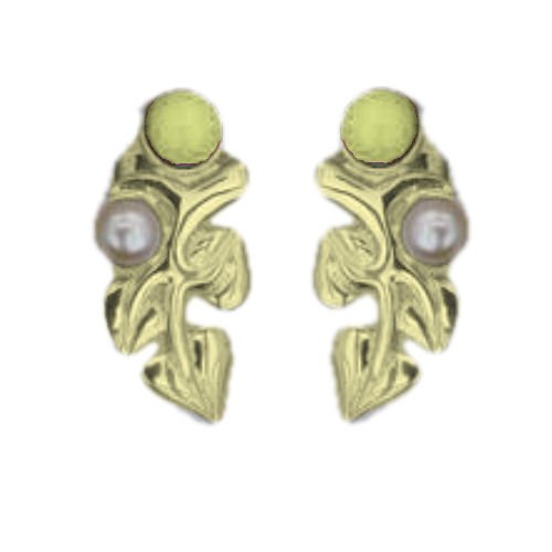 Image 1 of Art Nouveau Leaf Motif Pearl Citrine Stud 9K Yellow Gold Earrings