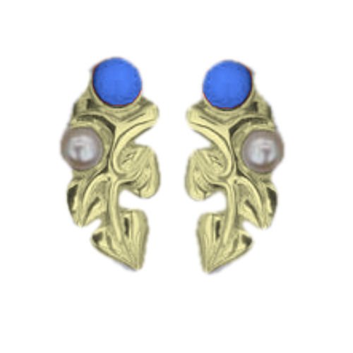 Image 1 of Art Nouveau Leaf Motif Pearl Labradorite Stud 9K Yellow Gold Earrings