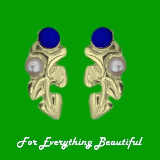 Image 0 of Art Nouveau Leaf Motif Pearl Lapis Lazuli Stud 9K Yellow Gold Earrings