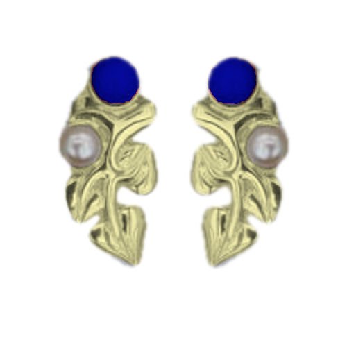 Image 1 of Art Nouveau Leaf Motif Pearl Lapis Lazuli Stud 9K Yellow Gold Earrings