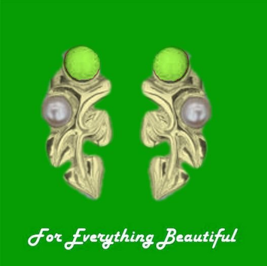 Image 0 of Art Nouveau Leaf Motif Pearl Green Peridot Stud 9K Yellow Gold Earrings