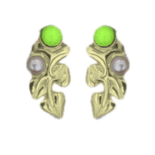 Image 1 of Art Nouveau Leaf Motif Pearl Green Peridot Stud 9K Yellow Gold Earrings