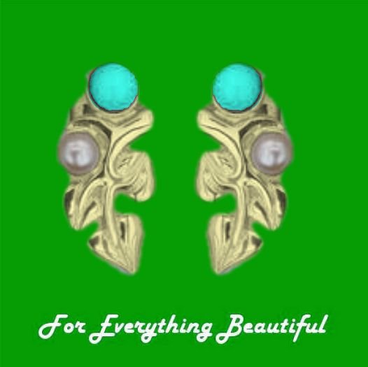 Image 0 of Art Nouveau Leaf Motif Pearl Turquoise Stud 9K Yellow Gold Earrings
