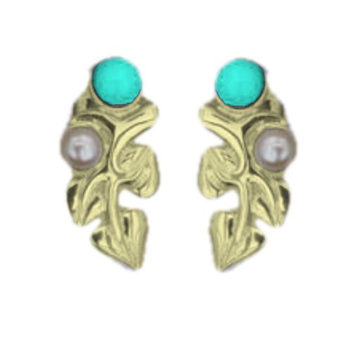 Image 1 of Art Nouveau Leaf Motif Pearl Turquoise Stud 9K Yellow Gold Earrings