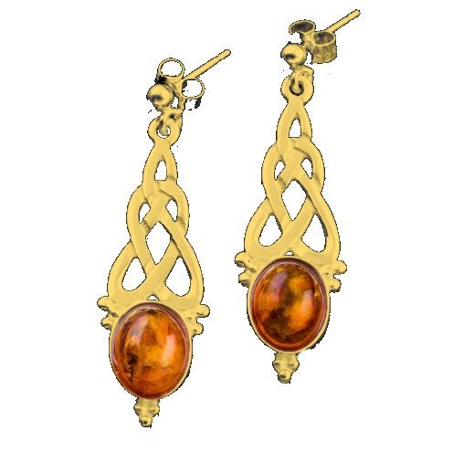 Image 1 of Celtic Knot Oval Amber Long Drop 9K Yellow Gold Earrings