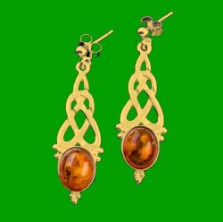 Celtic Knot Oval Amber Long Drop 9K Yellow Gold Earrings