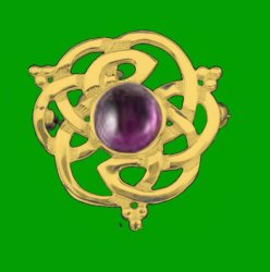 Celtic Knot Amethyst Floral Puff Design 9K Yellow Gold Brooch
