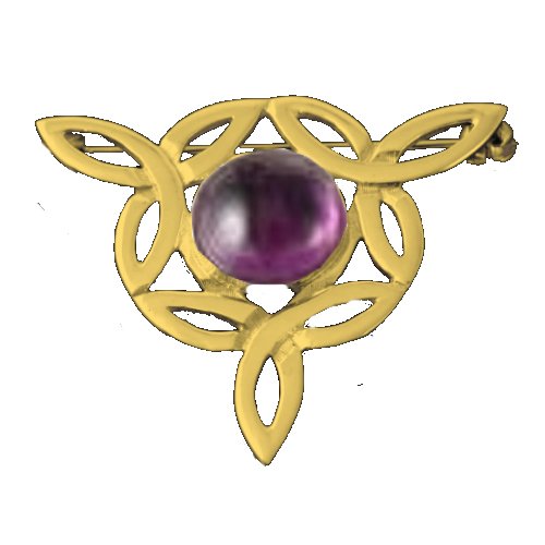 Image 1 of Celtic Knot Purple Amethyst Flower Triangular 9K Yellow Gold Brooch
