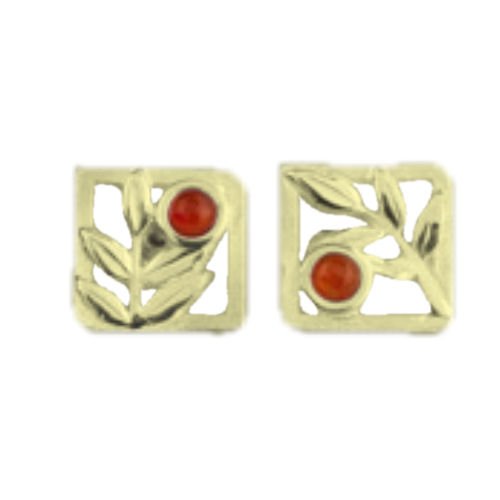 Image 1 of Rowan Tree Leaf Square Cornelian 9K Yellow Gold Earrings  