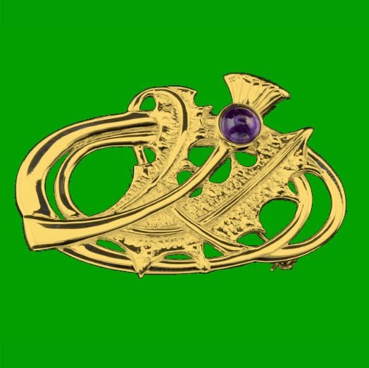 Image 0 of Scotland Thistle Amethyst Design Floral Emblem 9K Yellow Gold Brooch