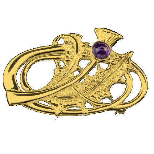 Image 1 of Scotland Thistle Amethyst Design Floral Emblem 9K Yellow Gold Brooch