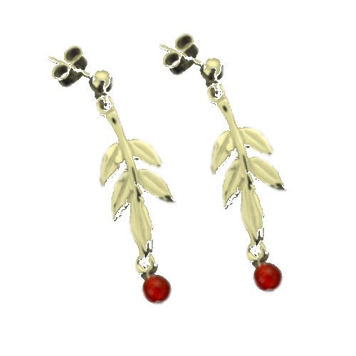 Image 1 of Rowan Tree Leaf Cornelian Bead Drop 9K Yellow Gold Earrings 