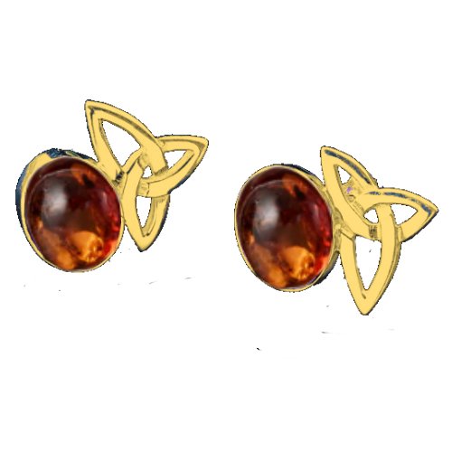 Image 1 of Celtic Star Trinity Knot Oval Amber Stud 9K Yellow Gold Earrings