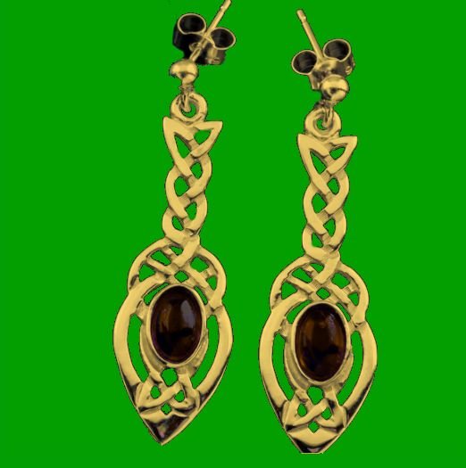 Image 0 of Celtic Knotwork Leaf Smokey Quartz Drop 9K Yellow Gold Earrings