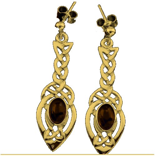 Image 1 of Celtic Knotwork Leaf Smokey Quartz Drop 9K Yellow Gold Earrings