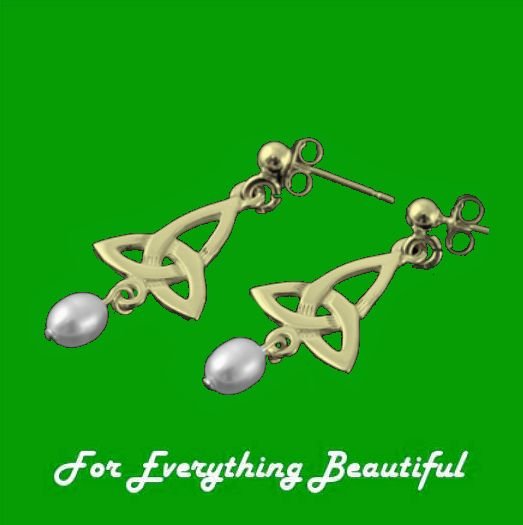Image 0 of Celtic Knotwork Trinity Knot Freshwater Pearl 9K Yellow Gold Earrings