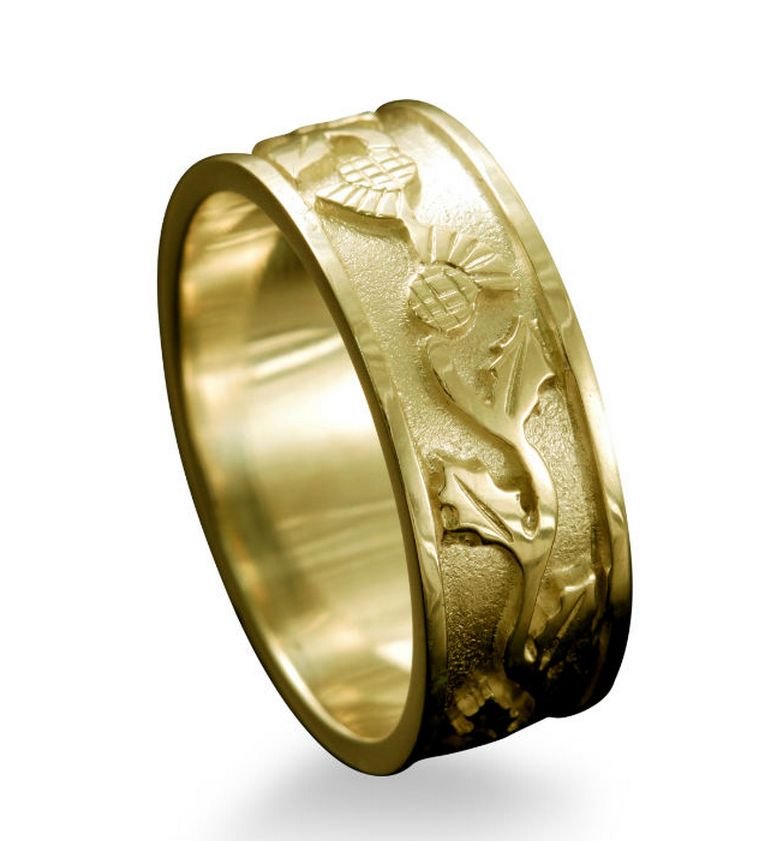 Image 1 of Scotland Thistle Wide Mens Wedding 9K Yellow Gold Ring Band Sizes A-Q
