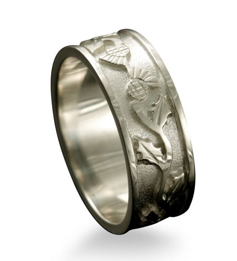 Image 1 of Scotland Thistle Wide Ladies Wedding Palladium Ring Band Sizes R-Z