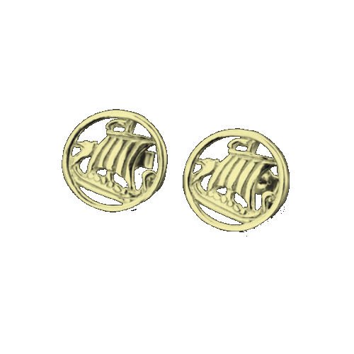 Image 1 of Viking Ship Design Norse Round Small Stud 9K Yellow Gold Earrings 