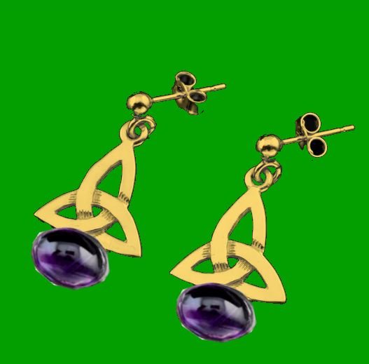 Image 0 of Celtic Trinity Knot Oval Purple Amethyst Drop 9K Yellow Gold Earrings