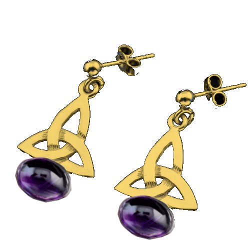 Image 1 of Celtic Trinity Knot Oval Purple Amethyst Drop 9K Yellow Gold Earrings