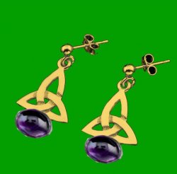 Celtic Trinity Knot Oval Purple Amethyst Drop 9K Yellow Gold Earrings