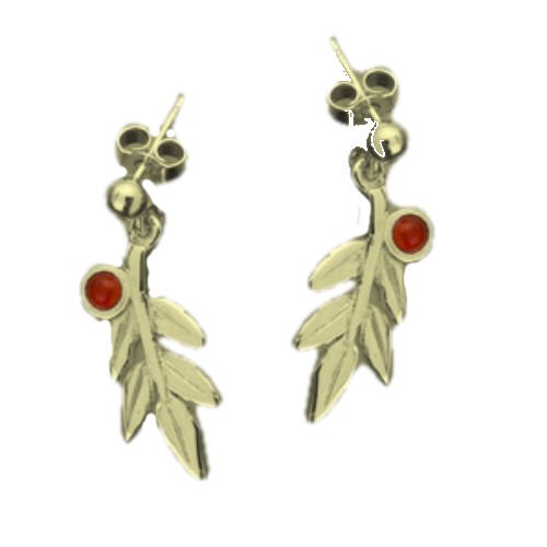 Image 1 of Rowan Tree Leaf Cornelian Drop 9K Yellow Gold Earrings