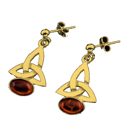 Image 1 of Celtic Trinity Knot Oval Amber Drop 9K Yellow Gold Earrings