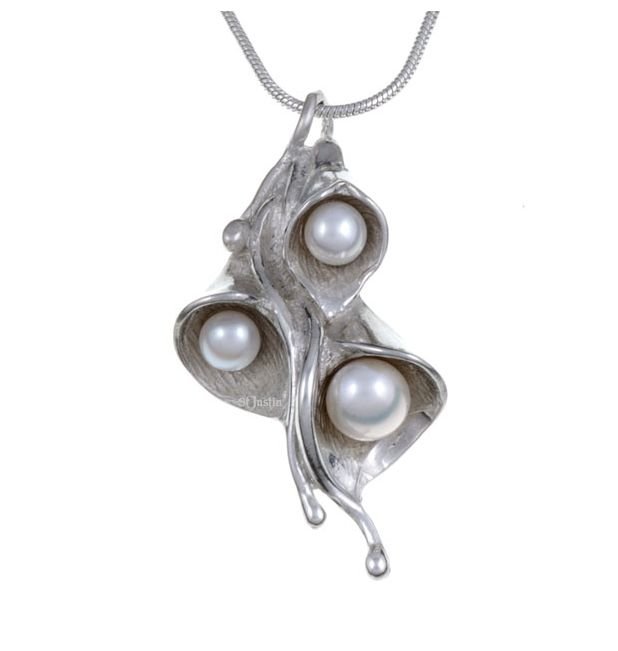 Image 1 of Lily Floral Triple Cultured Freshwater Pearl Stylish Pewter Pendant