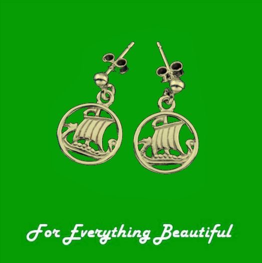 Image 0 of Viking Ship Design Norse Round Small Drop 9K Yellow Gold Earrings 