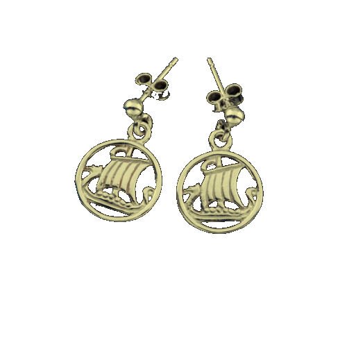 Image 1 of Viking Ship Design Norse Round Small Drop 9K Yellow Gold Earrings 
