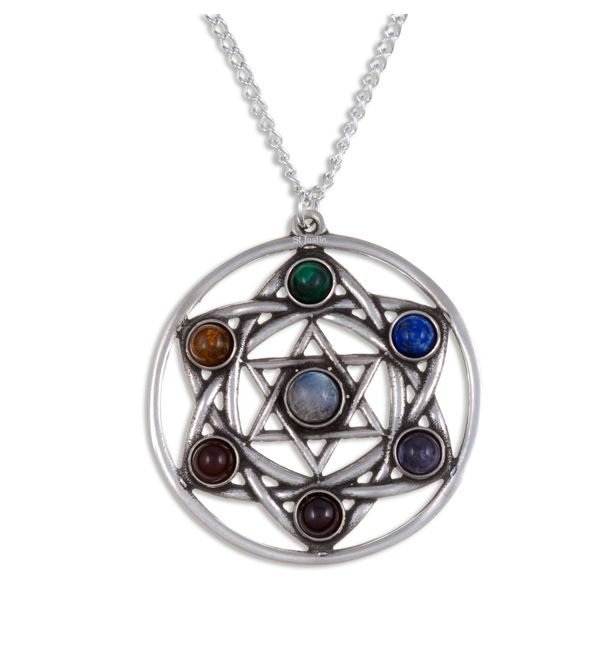 Image 1 of Star Chakra Openwork Seven Gemstone Stylish Pewter Pendant