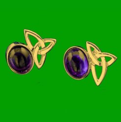 Celtic Star Trinity Knot Oval Amethyst Stud 9K Yellow Gold Earrings