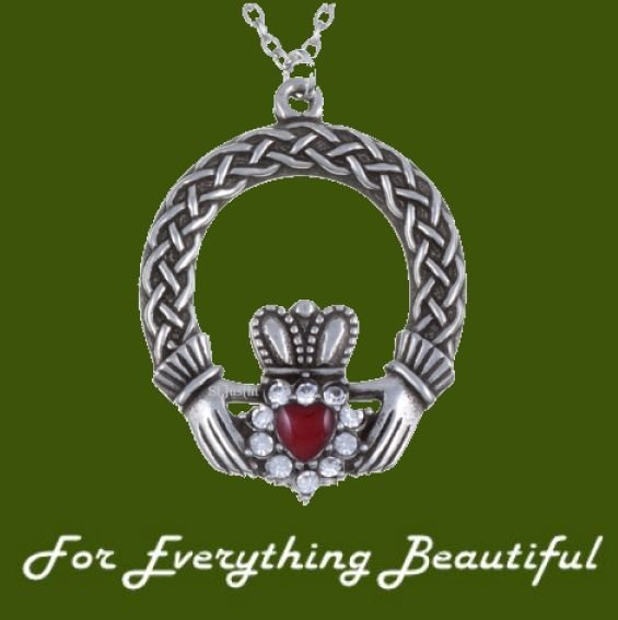 Image 0 of Claddagh Knotwork Clear Crystals Red Enamel Stylish Pewter Pendant