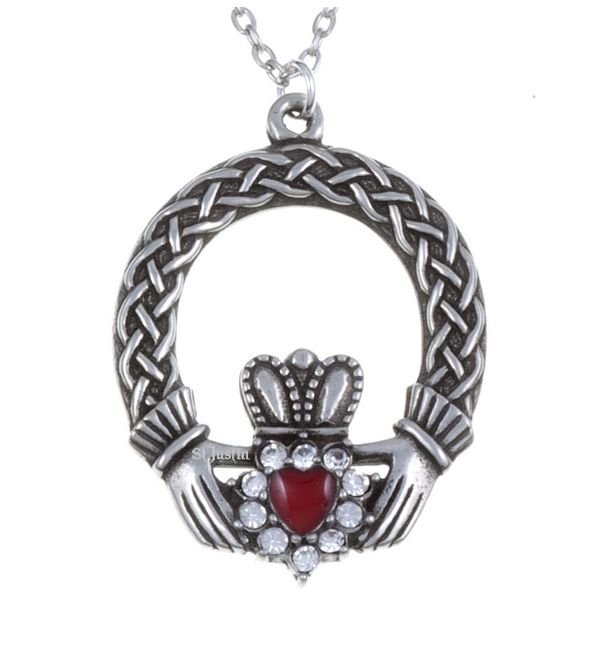 Image 1 of Claddagh Knotwork Clear Crystals Red Enamel Stylish Pewter Pendant