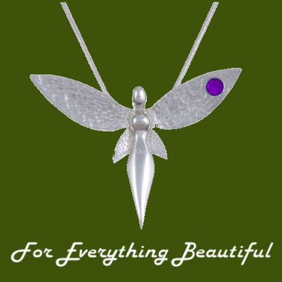 Image 0 of Fairy Figure Hammered Textured Wings Purple Crystal Stylish Pewter Pendant