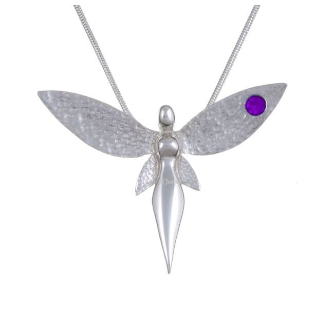 Image 1 of Fairy Figure Hammered Textured Wings Purple Crystal Stylish Pewter Pendant