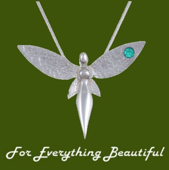 Image 0 of Fairy Figure Hammered Textured Wings Aqua Crystal Stylish Pewter Pendant